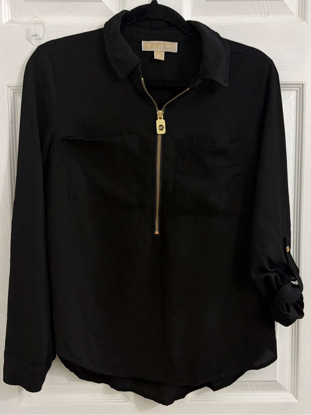 Michael Kors Black Button-Front Shirt with Gold Zip Detail. Size medium $10